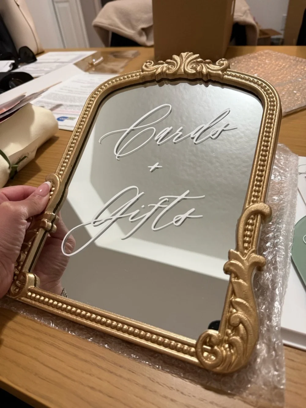Gold Ornate 'Cards + Gifts' Mirror Sign